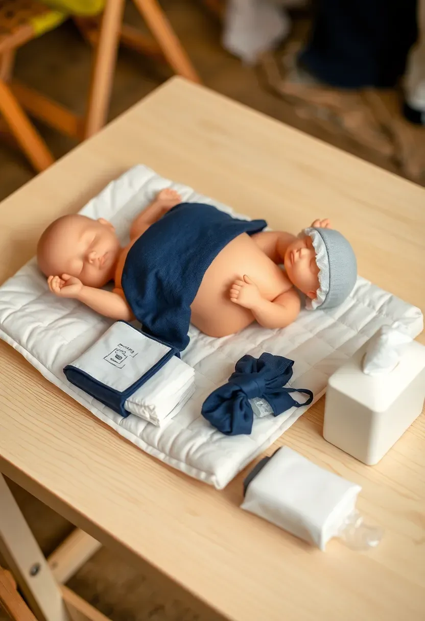 blindfolded guest attempting to diaper a baby doll at a shower while other guests watch and laugh