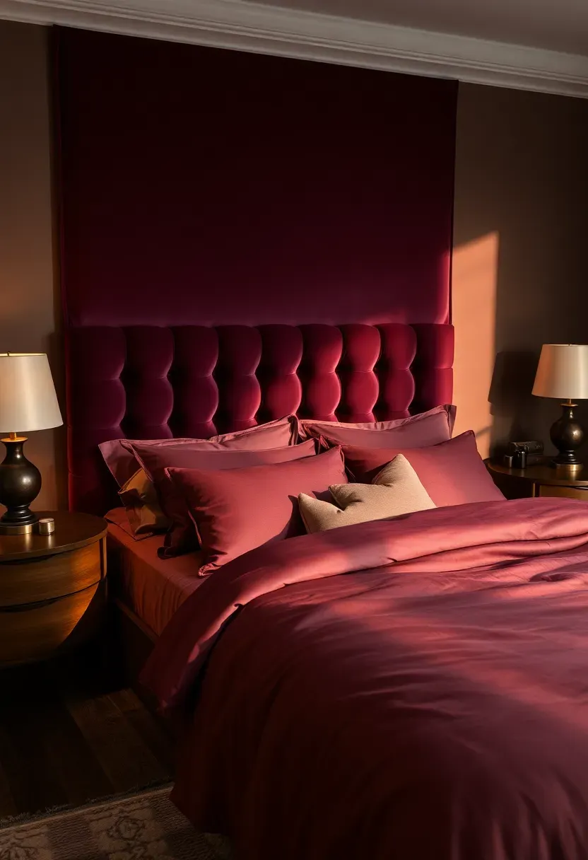 luxurious bedroom with deep plum velvet headboard plum and mauve bedding dark wood nightstands and warm ambient lighting
