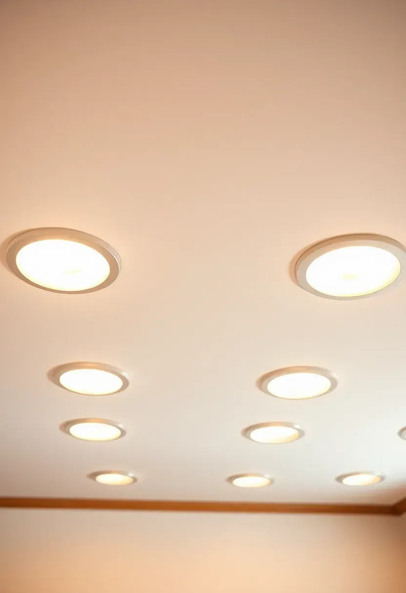 basement ceiling with evenly spaced recessed LED lights casting warm white glow