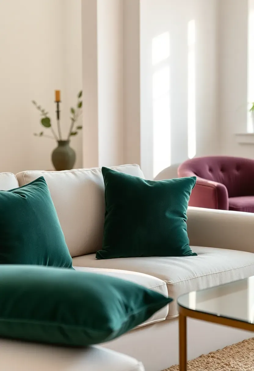 Hyper-realistic 3/4 view of living room seating featuring velvet accents: two forest green velvet cushions on cream linen sofa, velvet armchair in deep plum color visible in corner. Velvet textures showing subtle light reflection from nearby window. Light wood floor, white walls, glass coffee table with small brass candle holder. Materials: cotton velvet, linen, wool rug, brass, glass. Soft afternoon light (4900K) from window creating highlights on velvet pile showing texture and sheen, relaxed luxury mood like Dwell magazine, shallow depth of field foreground cushions, composition showing velvet as accent not dominant. No text logos watermarks.</p>