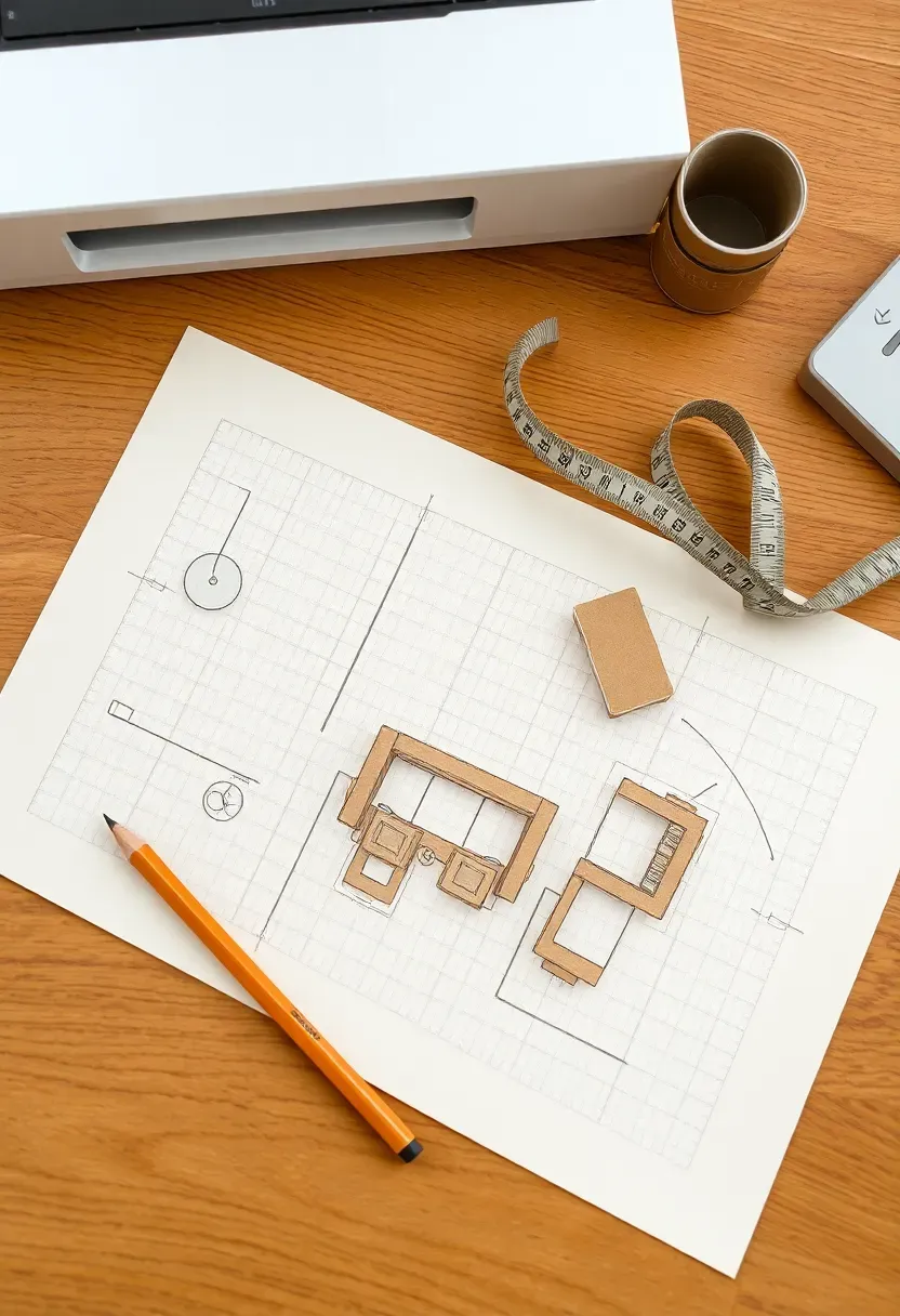 Elegant master bedroom mood board with fabric swatches, color samples, and style reference images on a white desk