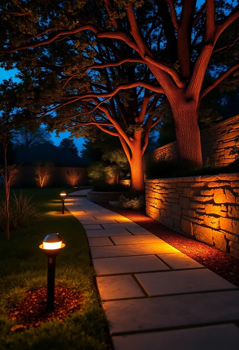 Backyard landscape at dusk with warm path lights along a stone walkway, uplights on trees, and subtle wash lighting on a stone wall