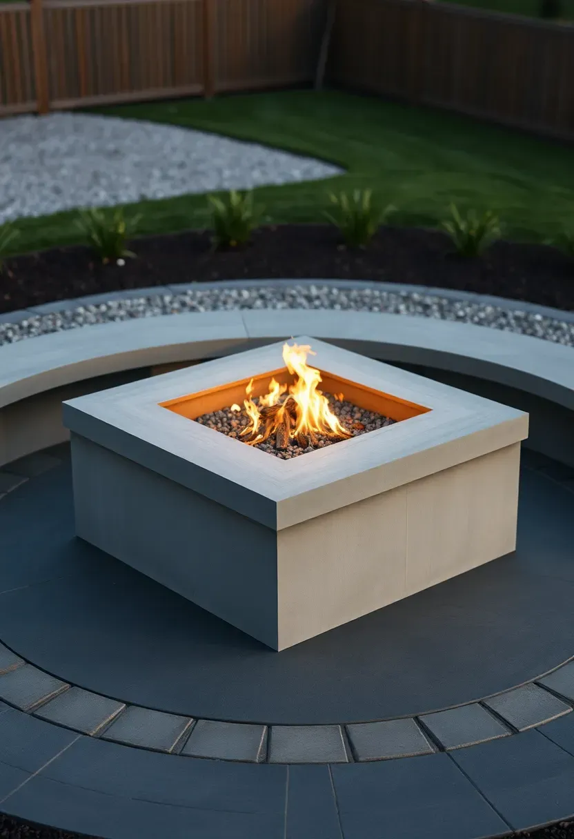 Hyper-realistic 3/4 view of a raised firepit island showing a square concrete firebox elevated 16 inches above ground on a solid pedestal, with gas flames visible, surrounded by a circular contrasting paver patio at ground level with built-in bench seating positioned around the perimeter. Materials: smooth gray concrete firebox, contrasting charcoal or tan concrete pavers in circular pattern, concrete bench seating, gravel or soil beyond patio, visible fencing or yard beyond. Evening lighting with fire glow highlighting the elevated firebox and creating dramatic shadows between raised and ground levels, creating architectural topography. Contemporary landscape design with elevation change emphasis. Shallow depth of field emphasizing raised firepit foreground with bench and patio context visible beyond. No text, no logos, no watermarks.</p>