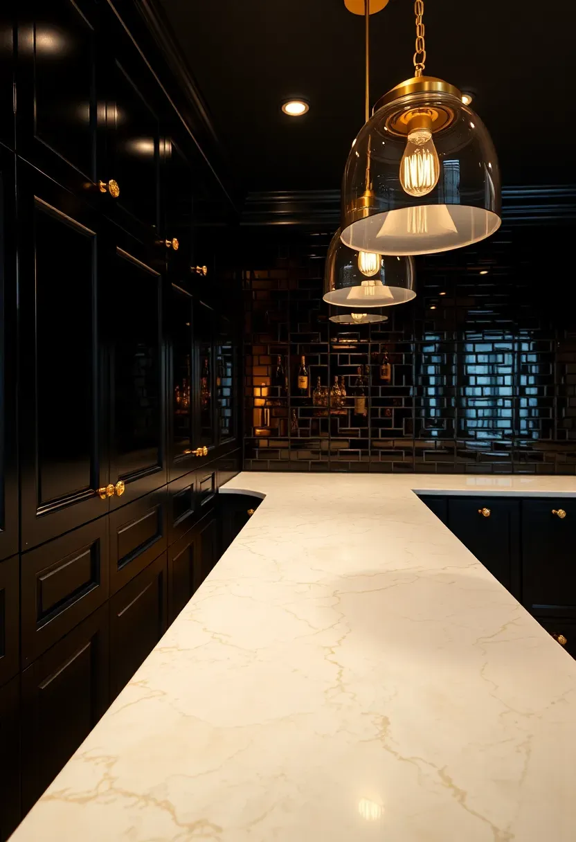 Glamorous basement bar with black lacquer cabinets, gold hardware and light fixtures, smoked mirror backsplash, and marble countertop