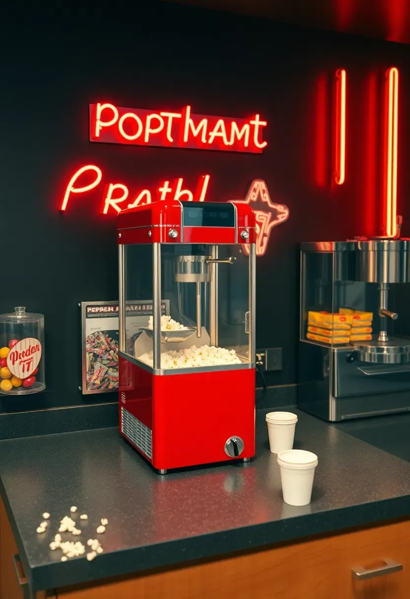 Retro-themed basement home theater concession area with a popcorn machine, glass display of candy, a soda fountain, and neon accent signage