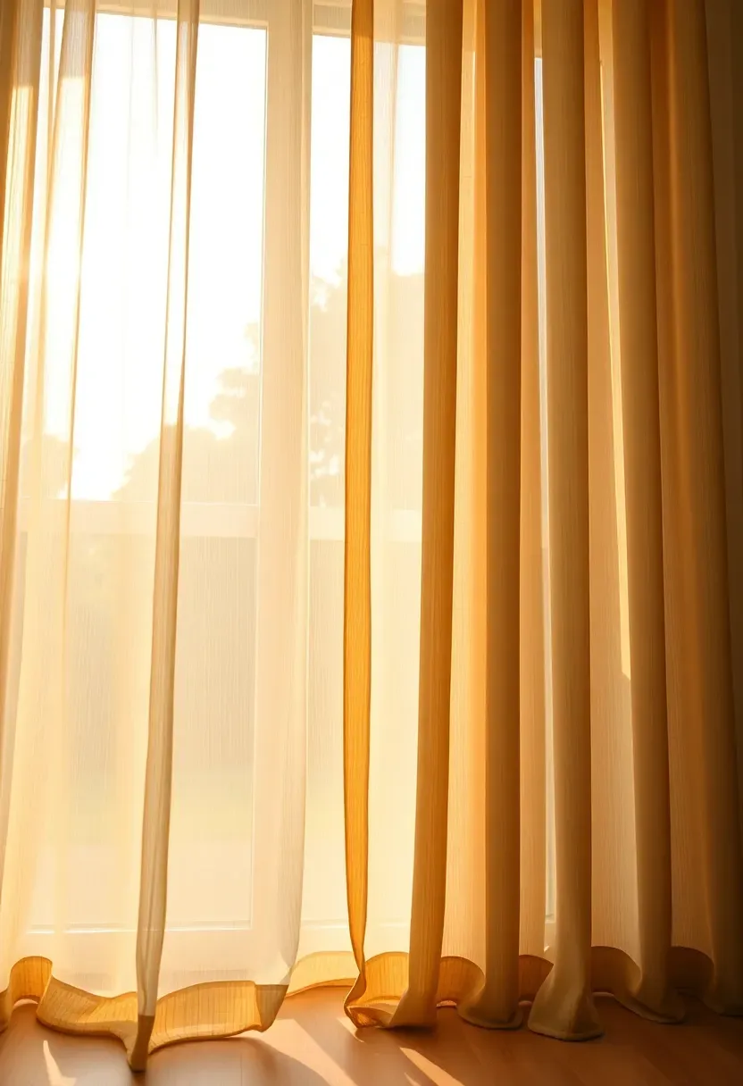 Floor-to-ceiling sheer raw cotton curtain panels in a sunroom billowing gently in a breeze with warm golden light filtering through the natural weave