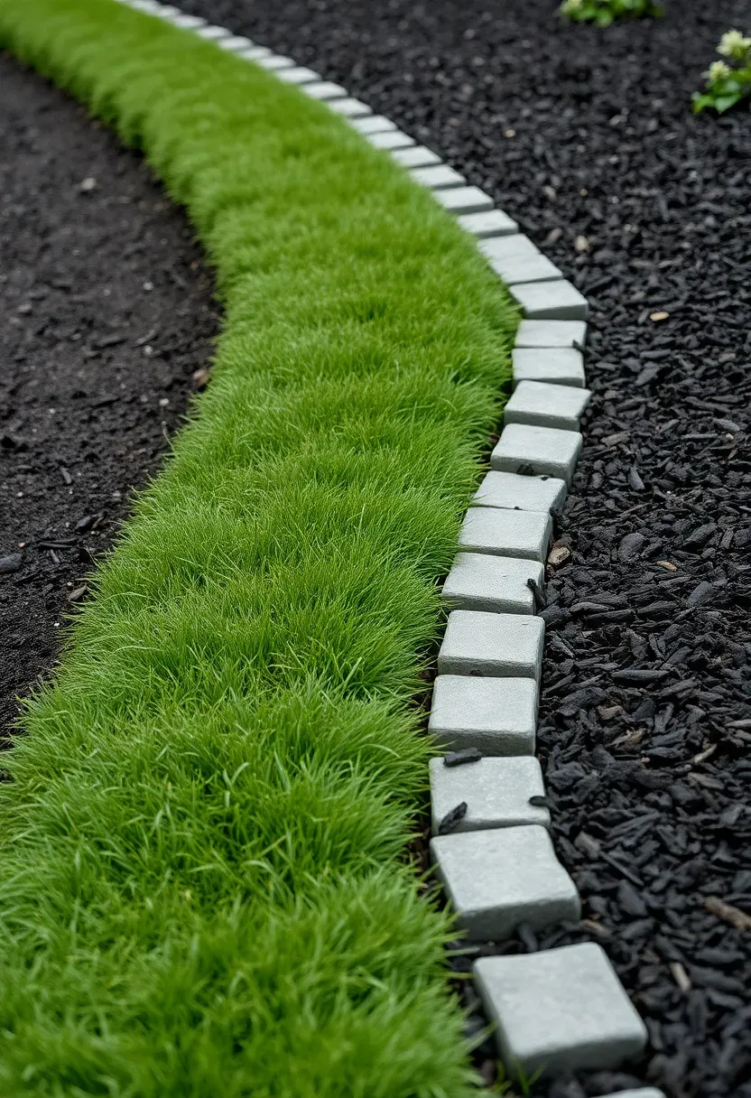 Cobblestone border edging along a garden bed with small granite sett stones set in concrete forming a curved line between lawn and mulched planting area