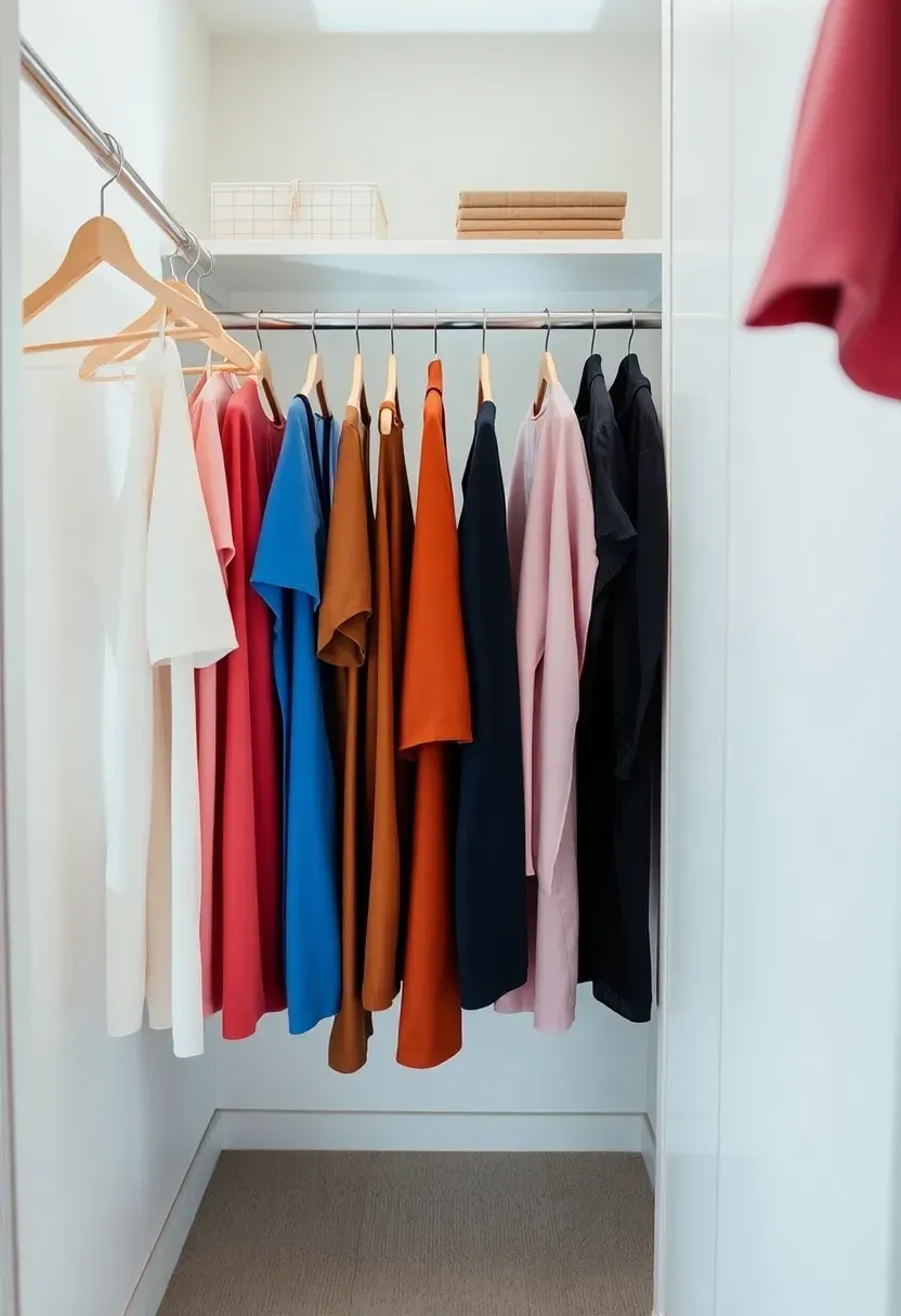 Walk-in closet with hanging clothes arranged in a gradient color order from white through beige, pink, red, blue, and black creating a rainbow effect