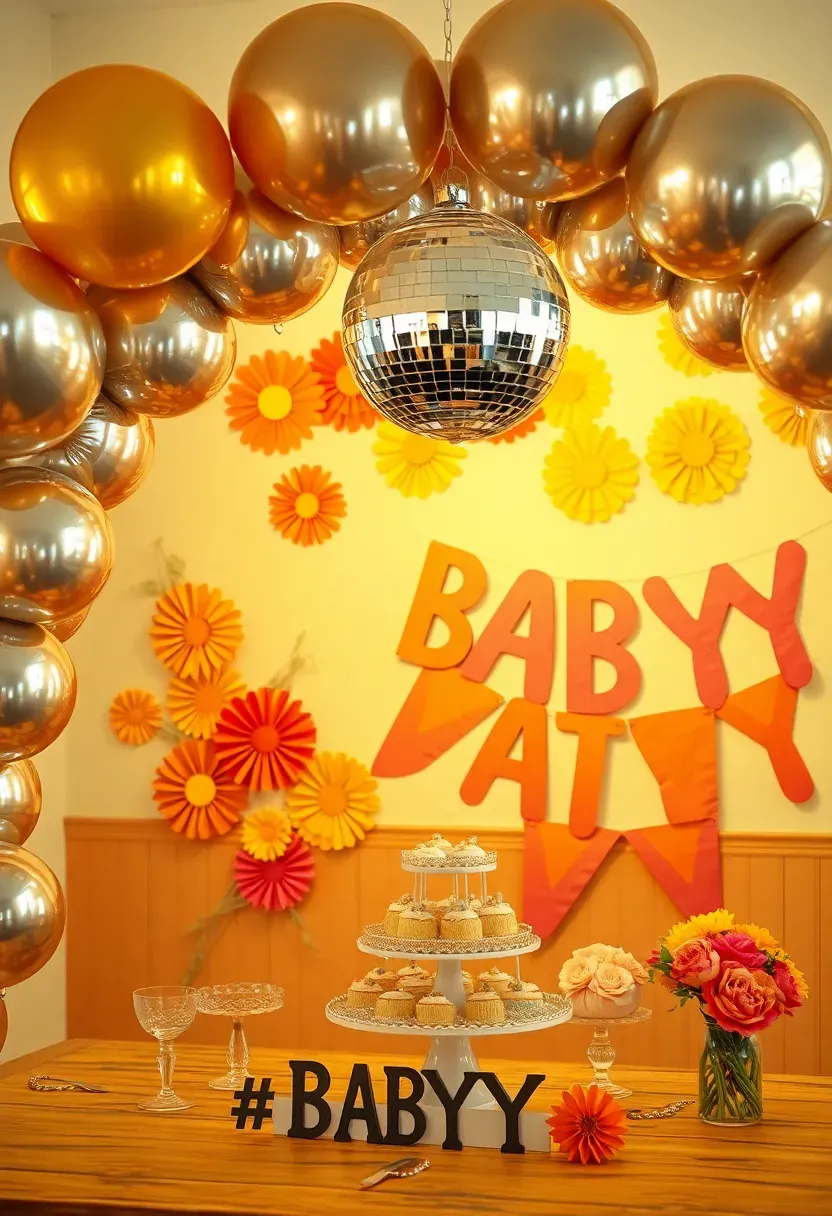 disco groovy baby shower with metallic silver balloon arch mirror ball centerpiece retro daisy decorations and a colorful funky lettered groovy baby banner
