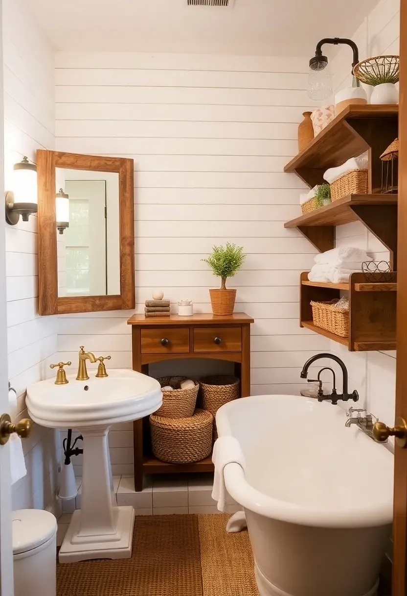 Modern farmhouse bathroom with white shiplap walls antique brass fixtures and a jute rug for rustic charm