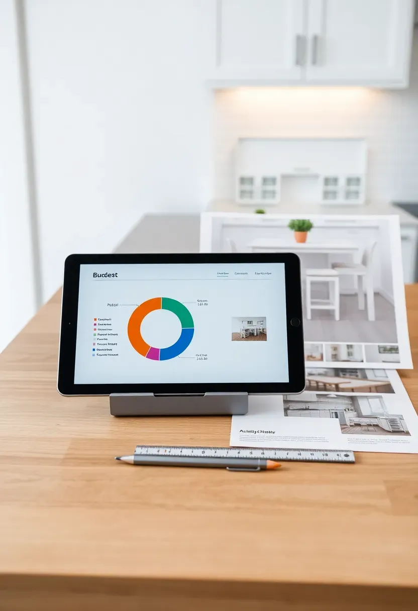 Split-screen view showing a kitchen remodel budget breakdown on a tablet screen with pie charts for cabinets, countertops, appliances, labor, and finishes beside a rendered kitchen design
