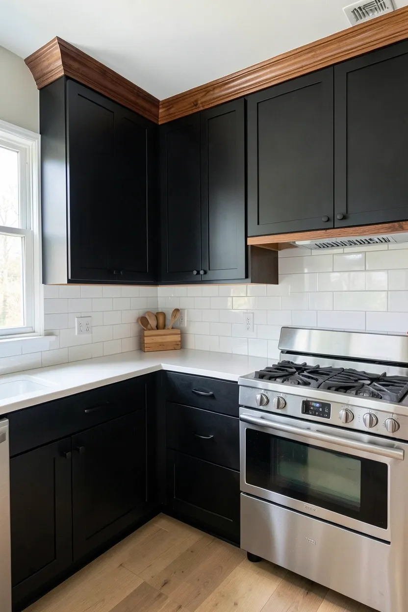Warm oak wood crown molding at the ceiling line above matte black kitchen cabinets — architectural detail with natural contrast