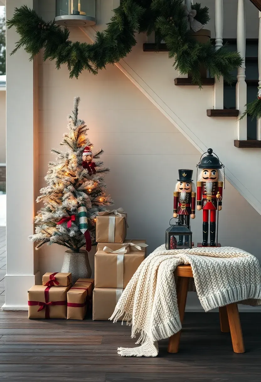 Hyper-realistic 3/4 view of an under-staircase Christmas vignette on a front porch. Materials: 3-foot pre-lit flocked Christmas tree with warm white lights, stacks of kraft-paper-wrapped gift boxes with velvet ribbons, two traditional nutcrackers standing guard, battery-operated lantern with warm LED, chunky knit cream blanket draped over a wooden stool. Fresh pine garland lining the stair railing above. Soft diffused winter daylight (5000K), wood plank floor, white house exterior with dark porch stairs. Whimsical storybook mood like Christmas movie scene. Shallow depth of field, sharp details on nutcracker painting and flocked tree texture, tucked-away vignette composition. No text, no logos, no watermarks.</p>