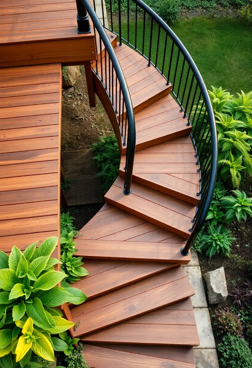 Curved wooden staircase connecting two deck levels in a backyard with the stairs sweeping in a gentle arc through garden plantings
