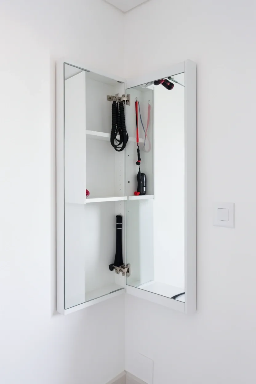 Full-length gym mirror hinged open revealing shallow wall cabinet storing resistance bands and fitness accessories behind it