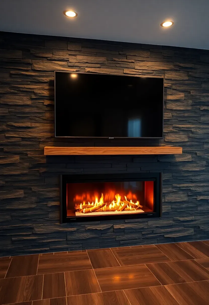 Basement wall featuring a linear electric fireplace installed below a wall-mounted 65-inch tv, with dark stone cladding on the wall and a wooden mantle separating the two elements