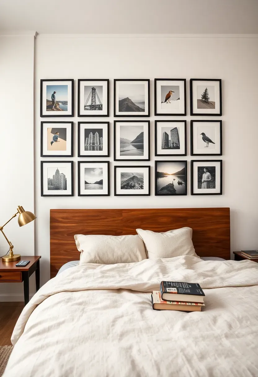 eclectic bedroom with a curated gallery wall grid of framed art prints and photographs in matching black frames arranged in a tight grid on a white accent wall