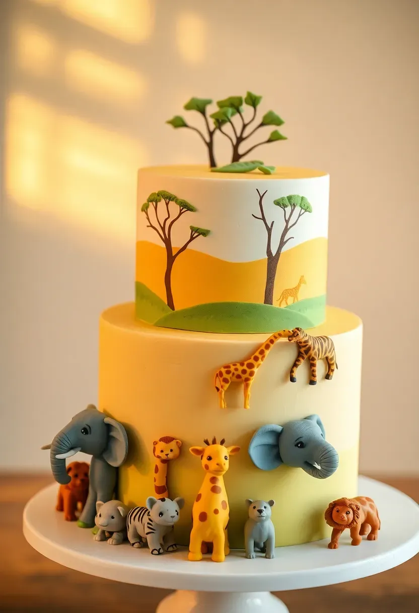 playful safari themed baby shower cake with fondant elephants giraffes and lions peeking over a smooth yellow and green buttercream jungle background