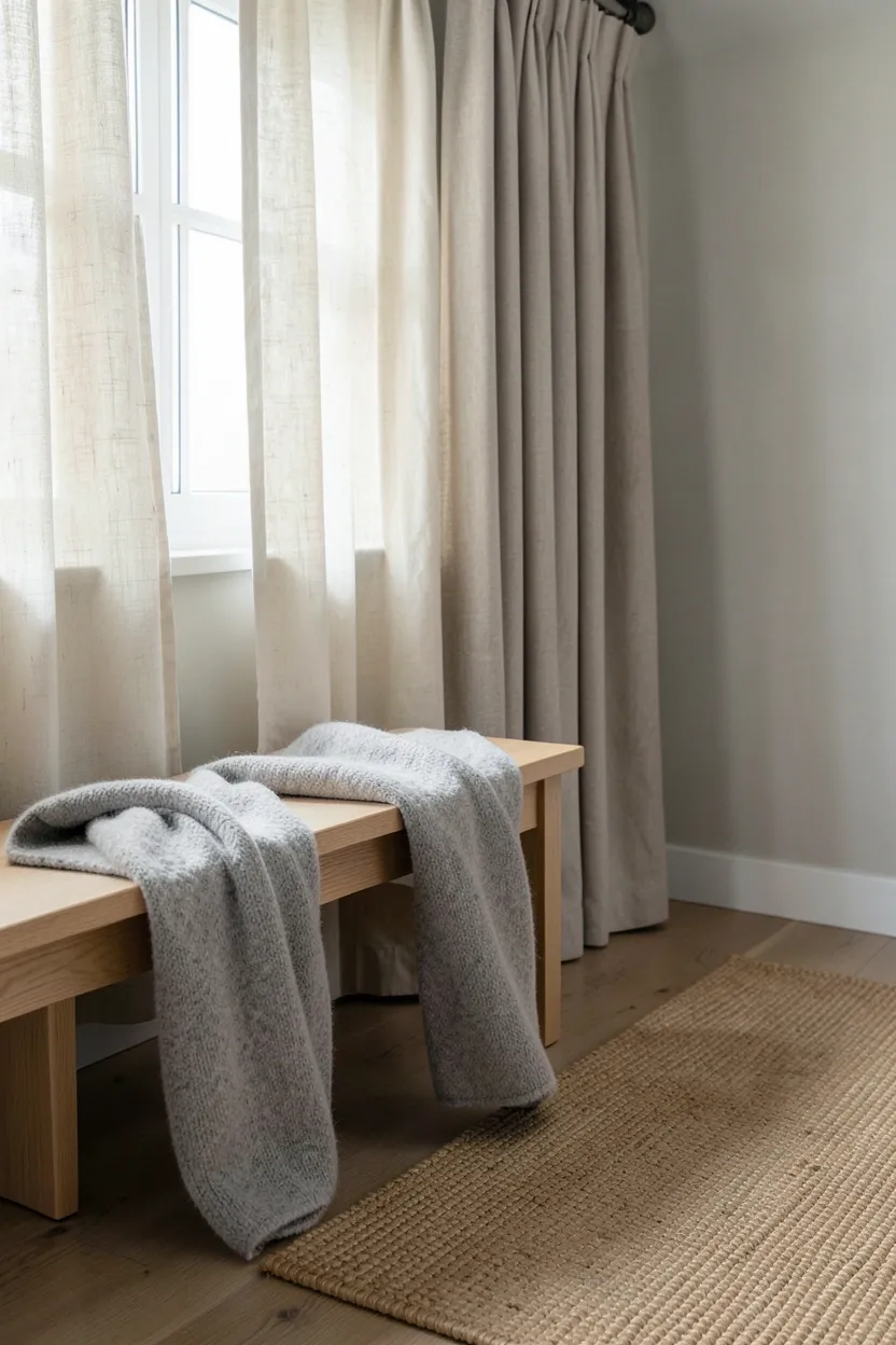 Cream wool throw and oat jute rug adding warm texture to a minimalist home gym — neutral textile accents softening a clean white workout space