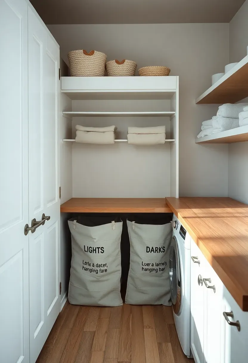 Hyper-realistic 3/4 view of minimalist laundry area with white cabinet, labeled fabric hampers (lights, darks), lower hanging bar child-height, folding table. Materials: white cabinetry, canvas hampers, wood countertop. Bright utility lighting, clean organized aesthetic. Visible detergent on high shelf. Medium depth of field. No text, no logos, no watermarks.</p>