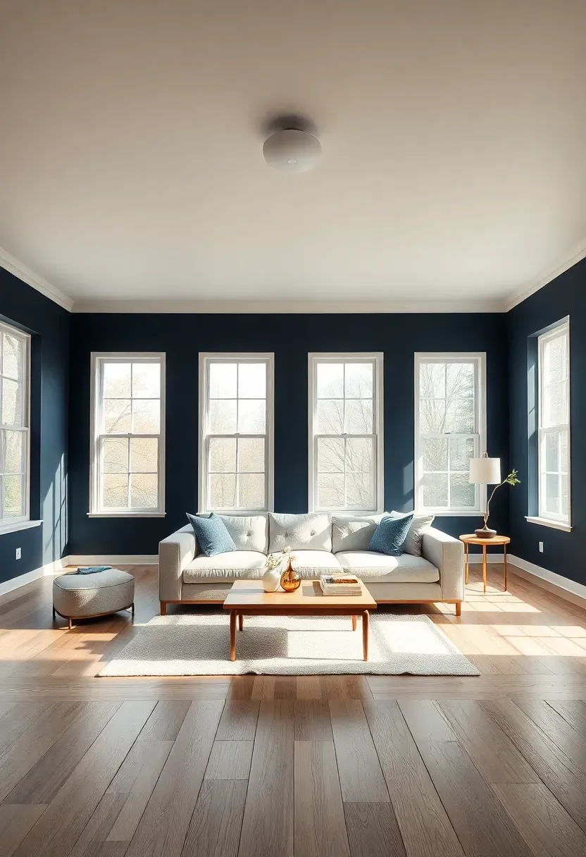 Hyper-realistic wide shot of minimalist living room with floor-to-ceiling navy blue walls on all sides white ceiling light oak flooring white sofa light oak coffee table minimal brass accents large windows. Materials: matte navy blue paint white ceiling paint light oak planks white linen sofa brass table lamp. Abundant natural daylight from large windows dramatic shadows enhancing navy's depth rich intimate atmosphere with 10-foot ceiling. Shallow depth of field sharp contrast between navy surfaces and white ceiling no clutter no text no watermarks.</p>