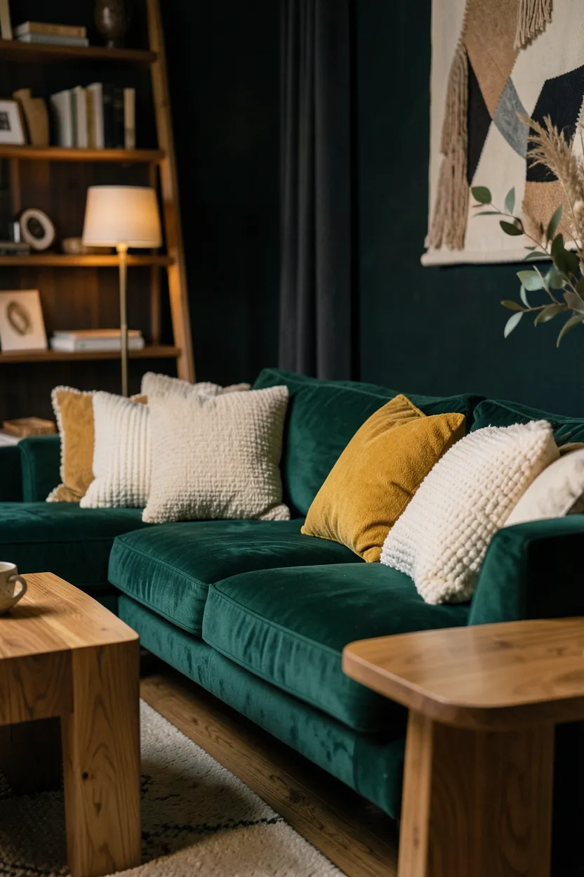Rich emerald velvet sofa in a dark boho living room with brass floor lamp, layered throw pillows, and natural fiber rug
