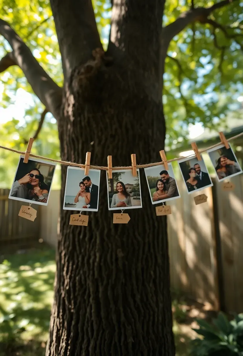 Photo timeline display on a clothesline with printed photos clipped with wooden clothespins, showing a couple's relationship milestones, hung between two trees in a backyard