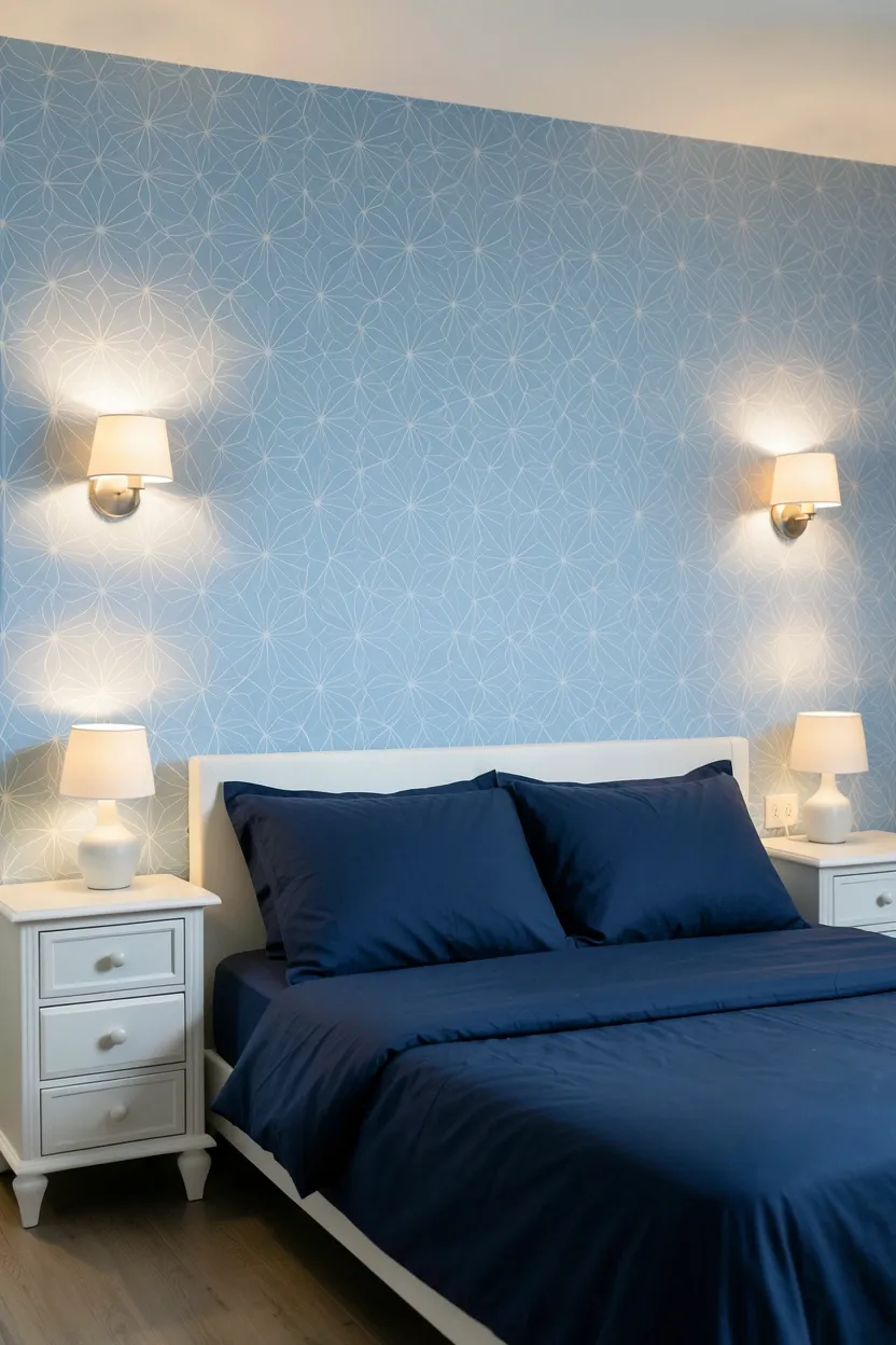 Hyper-realistic eye-level photograph of bedroom wall featuring light blue wallpaper with delicate white geometric pattern. Queen bed with navy bedding against wallpapered wall, white nightstands, minimal decor, soft ambient lighting. Materials: printed blue wallpaper with subtle pattern, navy cotton bedding, white painted nightstands. Soft warm ambient light from wall sconces, sophisticated calm atmosphere. Shallow depth of field, sharp details on wallpaper pattern, balanced composition showing accent wall and bed. No text, no logos, no watermarks.</p>