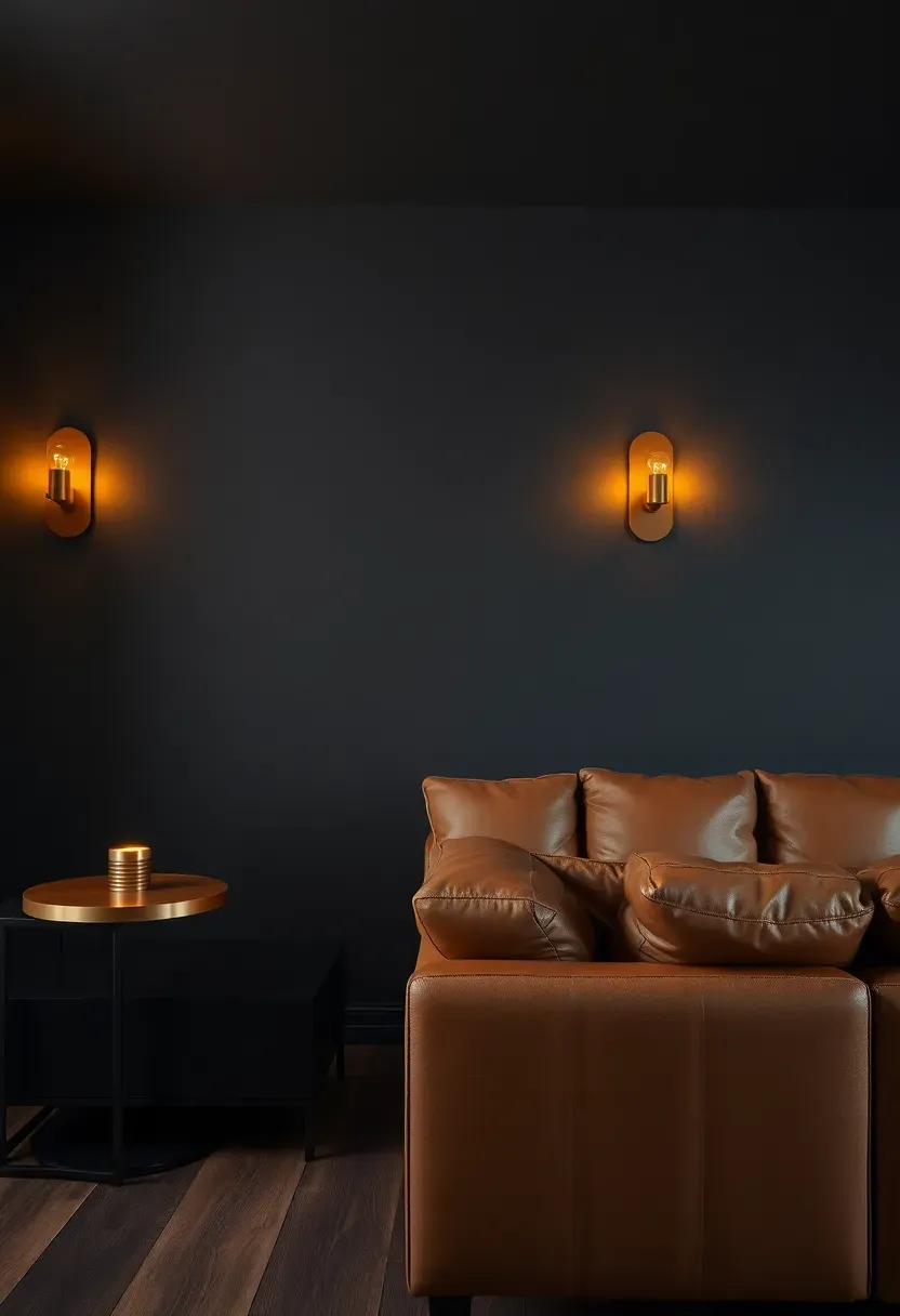 Basement tv room painted in deep charcoal with warm brass wall sconces, a copper-toned side table, matte black media console, and a plush cognac leather sofa under soft amber lighting