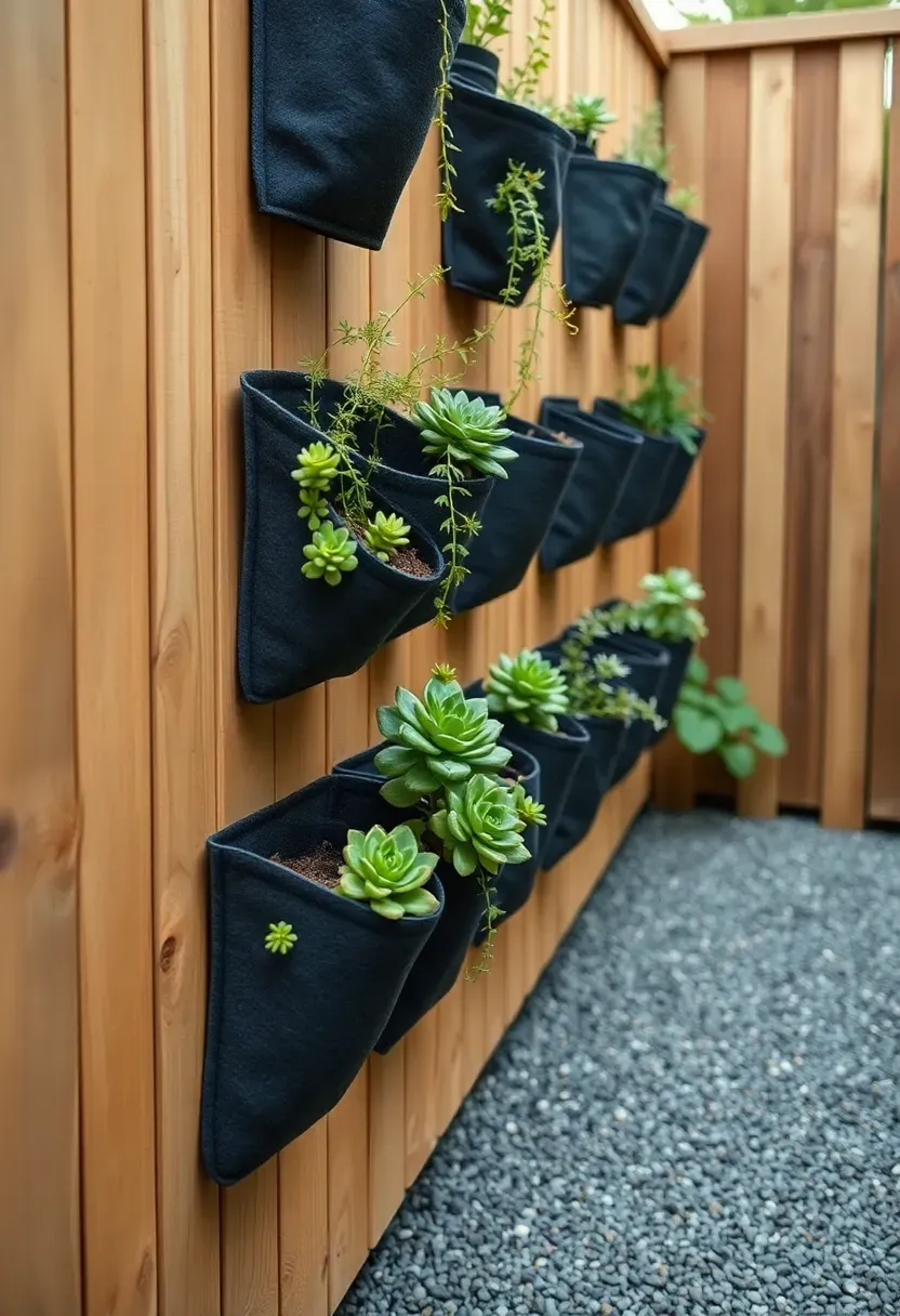Vertical wall-mounted planter system with modular pockets of succulents and small ferns attached to a wooden fence in a narrow side yard