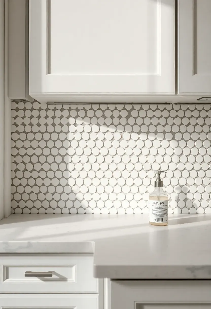 white porcelain penny round mosaic backsplash with gray grout creating dotted texture in a white kitchen