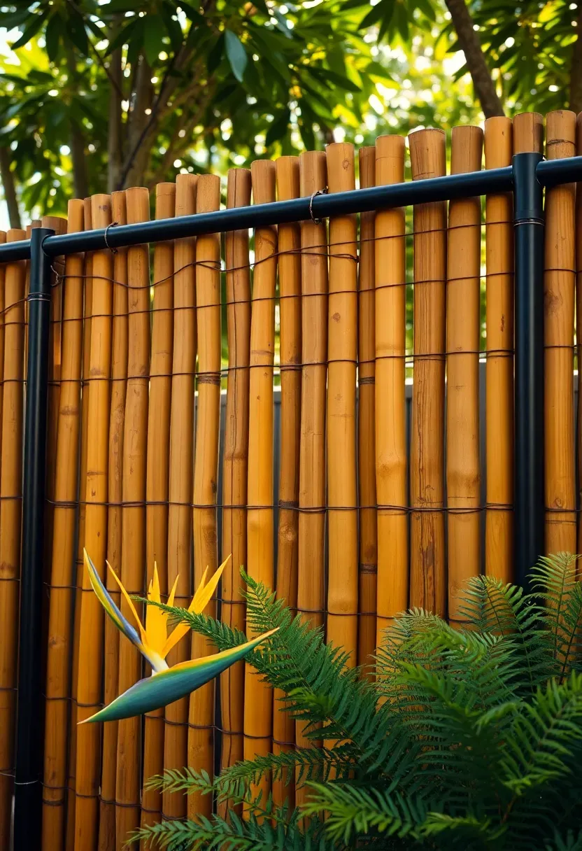 Bamboo roll fencing tied to a metal frame along a backyard boundary with tropical plants in the foreground