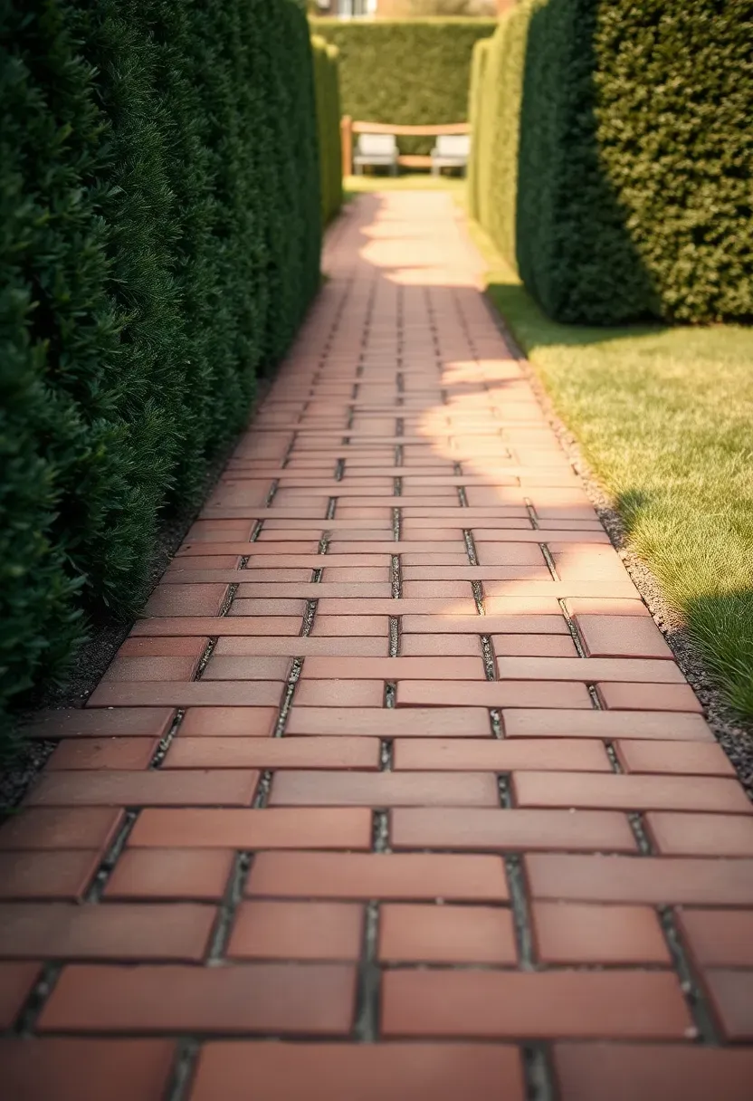 Red brick pathway laid in a herringbone pattern through a backyard with boxwood hedging on both sides