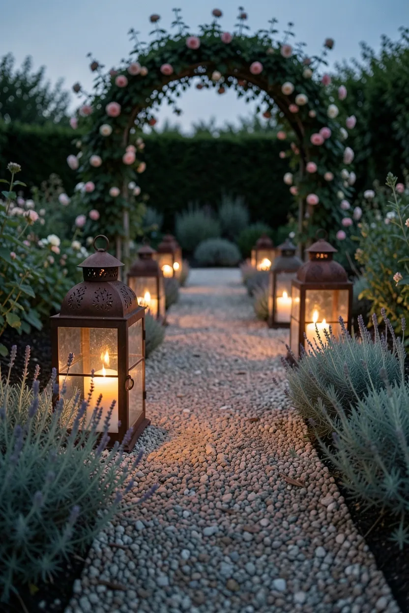 Hyper-realistic slightly low-angle photograph of a backyard lantern-lit pathway. Gravel garden path lined with varying heights of Moroccan-style lanterns in rusted iron finish with glass panels holding pillar candles. Low-growing lavender and lamb's ear border the path. Background shows garden arch with climbing roses. Twilight evening with lanterns casting warm glow. Materials: rusted iron, glass, candles, gravel plants. Romantic pathway mood. Shallow depth of field, focus on lantern glow. No text, no logos, no watermarks.</p>