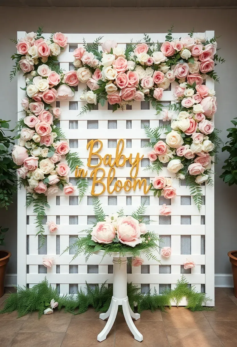 baby in bloom floral wall installation with cascading roses peonies and greenery at baby shower