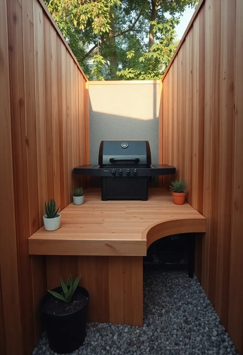 Corner grill nook built into the intersection of two privacy fences with a small gas grill, narrow counter, and potted plants in a compact urban backyard