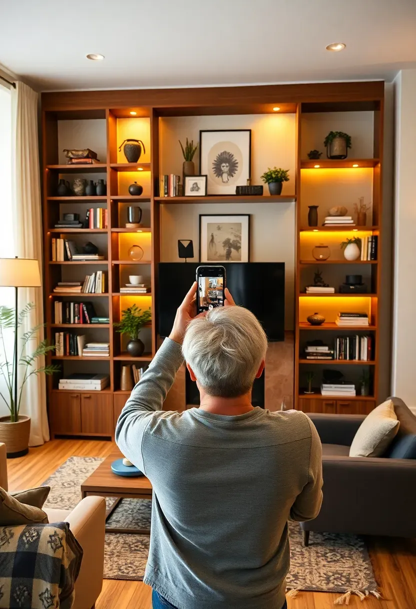 Person standing several steps back from a fully styled multi-shelf open shelving unit in a warm living room — looking at the complete arrangement with phone raised to photograph it, soft ambient light, 2:3 portrait