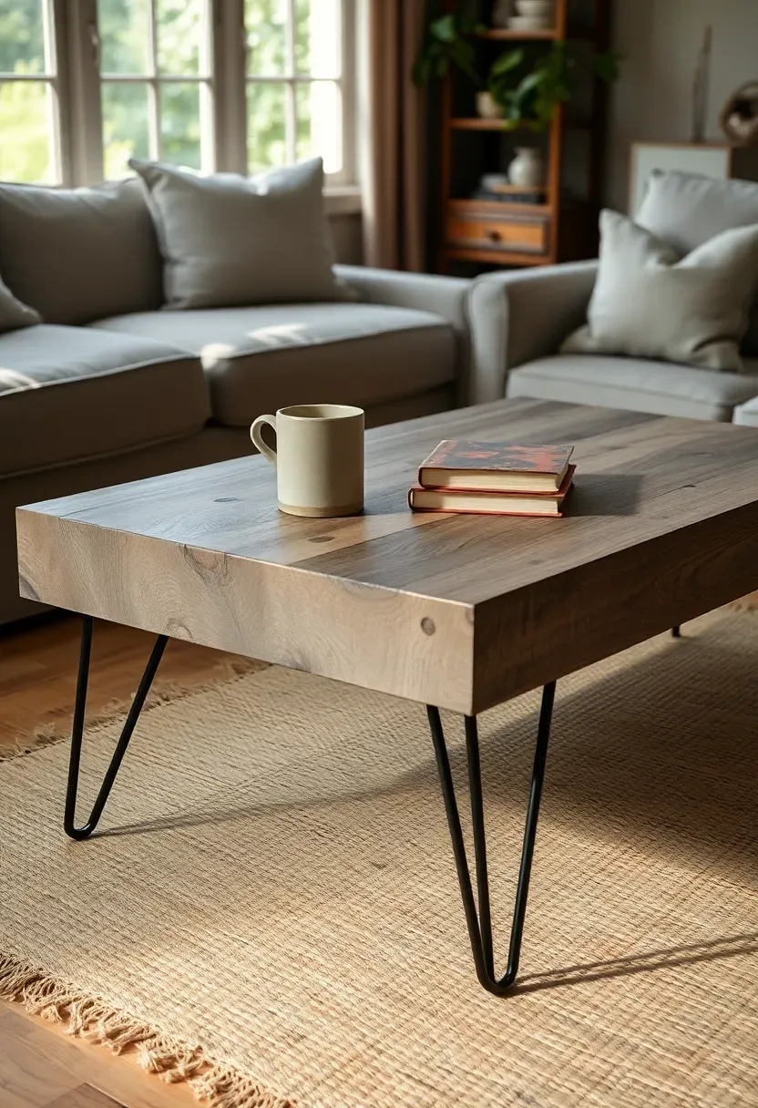 Barn wood coffee table with rough textured planks and slim black hairpin legs on a jute rug in a farmhouse sunroom with linen seating