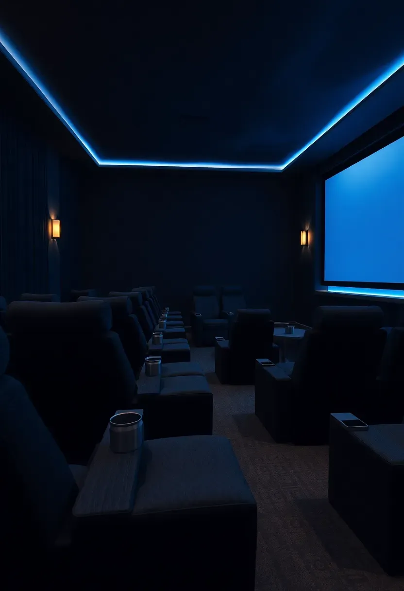 Dark basement home theater room with tiered seating, acoustic panels on walls, and a large projection screen glowing with ambient backlight