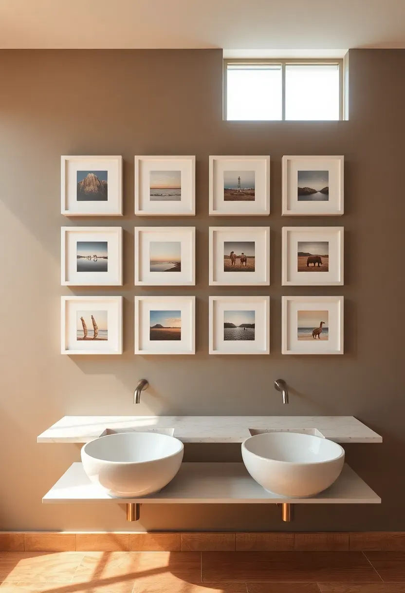 Grid arrangement of nine small square framed art prints in matching white frames on a large bathroom wall above a double vanity