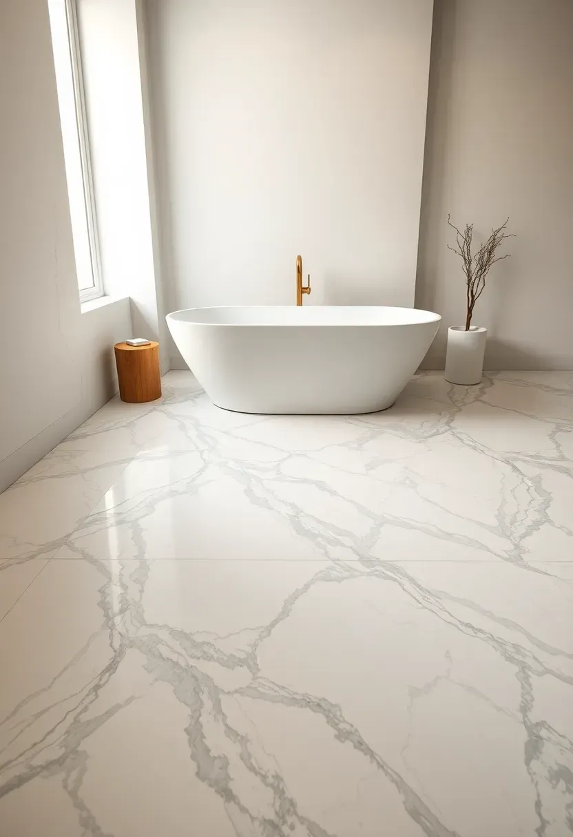 Oversized white marble veined bathroom floor tiles with dramatic grey veining and freestanding sculptural tub