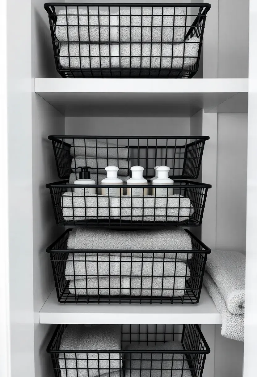 Bathroom linen closet with stackable black wire mesh baskets holding folded gray towels and small toiletry bottles in tidy rows