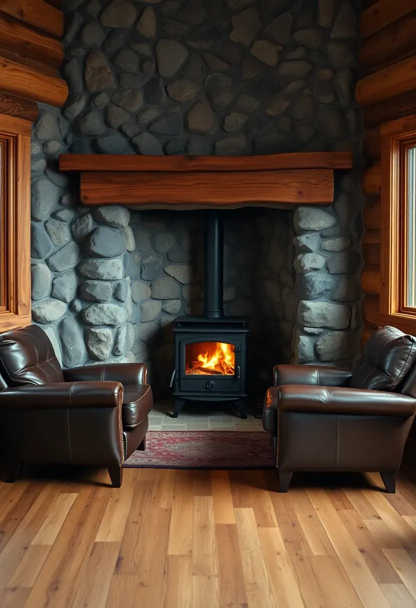 Hyper-realistic angled view of corner fireplace in rustic tiny house living room. Fieldstone surround filling corner, woodstove insert, reclaimed oak mantel. Leather armchairs positioned to face fireplace. Materials: gray fieldstones, aged oak mantel, black iron woodstove, leather furniture, wide-plank pine floor. Warm firelight illuminating stone and wood. Shallow depth of field showing stone shapes and fire glow. Cozy corner fireplace mood.</p>