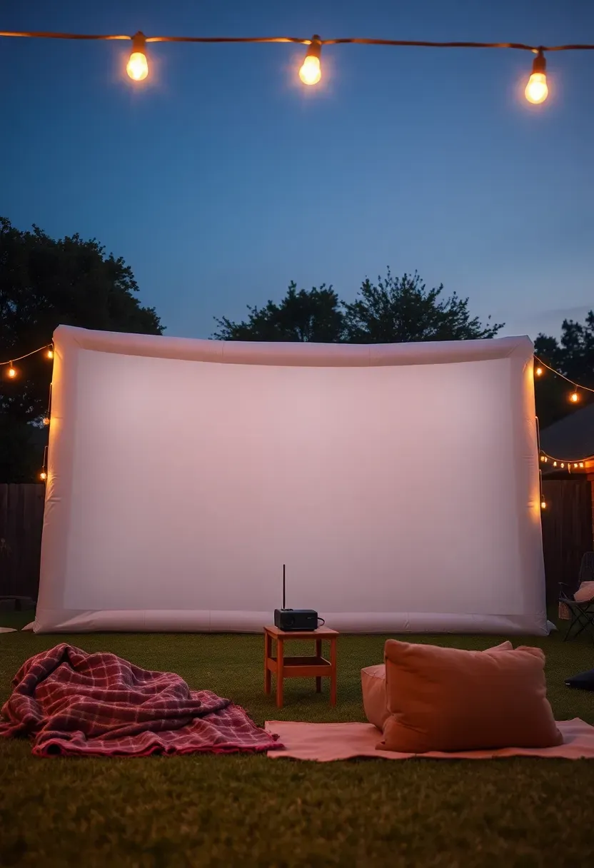 Backyard outdoor movie screen setup in Texas with a white inflatable screen, string lights, blankets on the lawn, and a projector on a small table