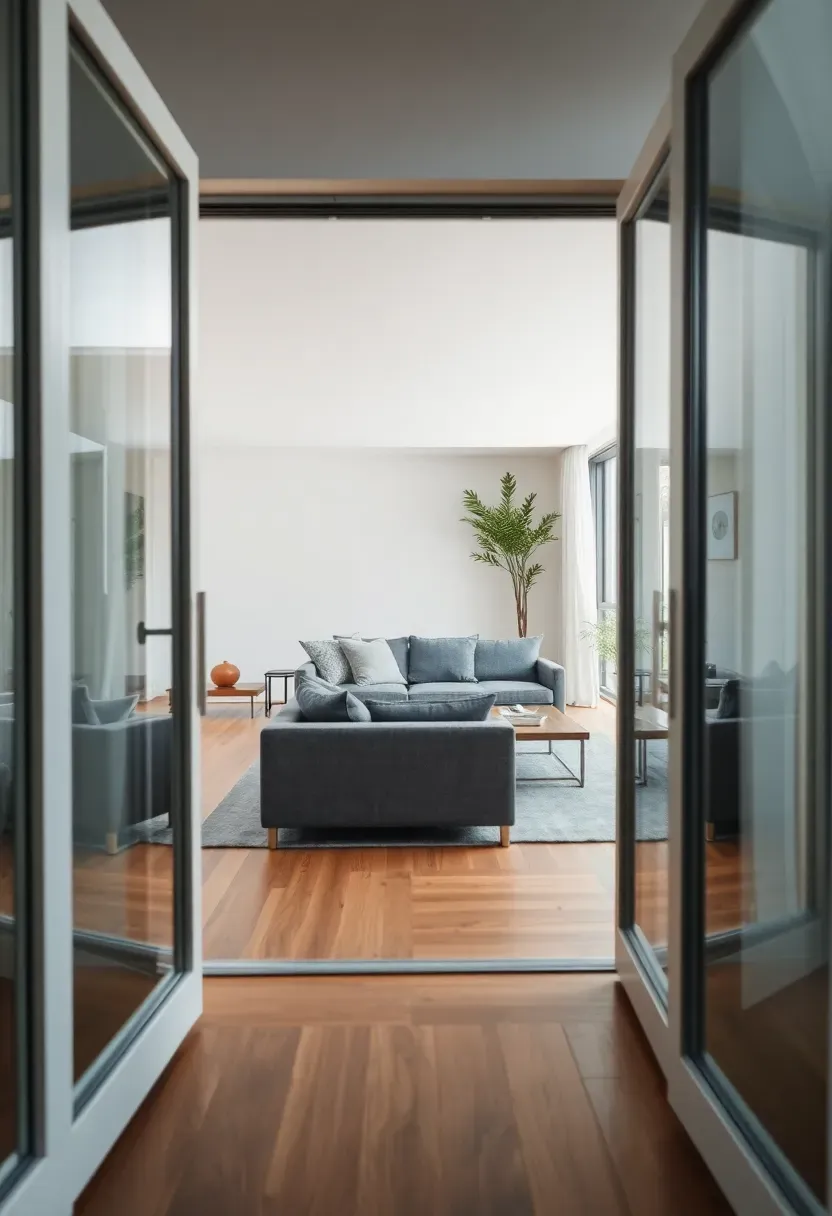Hyper-realistic view through open corner glass doors showing minimalist indoor living room with gray sofa connecting seamlessly to outdoor patio with similar furniture, continuous flooring, no visual barrier between spaces. Materials: frameless glass doors, white walls, oak flooring continuing outside. Natural light, indoor-outdoor unified mood. Disappeared boundaries, shallow depth of field, no text, no logos.</p>