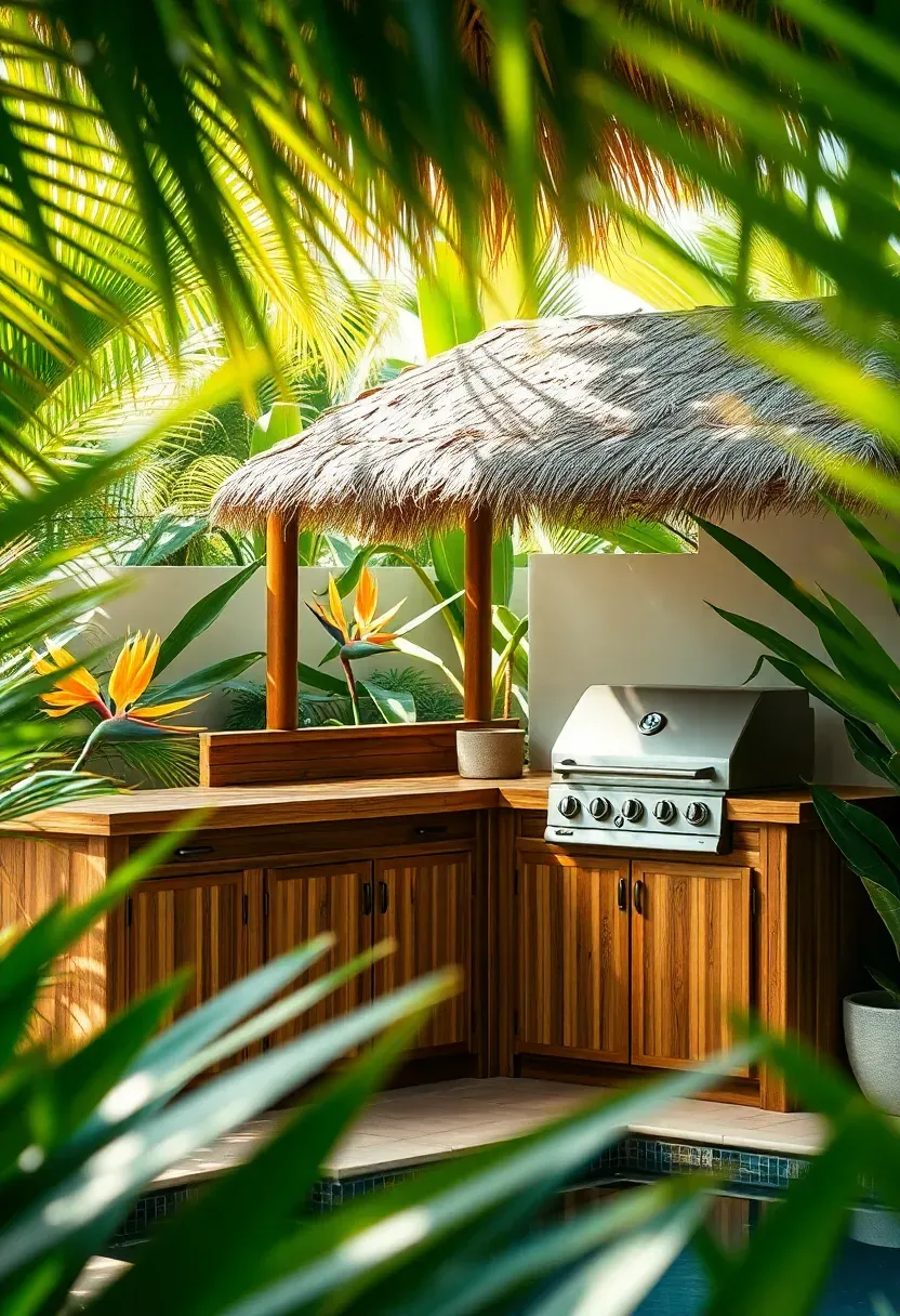 Hyper-realistic 3/4 view of a tropical outdoor kitchen with bamboo countertop on teak base cabinets, thatched roof section above, built-in gas grill with bamboo trim, tiki torches nearby, and lush tropical plants including birds of paradise and palm fronds. Materials: bamboo countertop, teak cabinetry, thatched roofing, tropical plants. Dappled sunlight through palm fronds, vibrant green with natural bamboo tones. Island escape mood, shallow depth of field with sharp focus on bamboo texture and grill, pool or water feature barely visible. No text, no logos, no watermarks.</p>