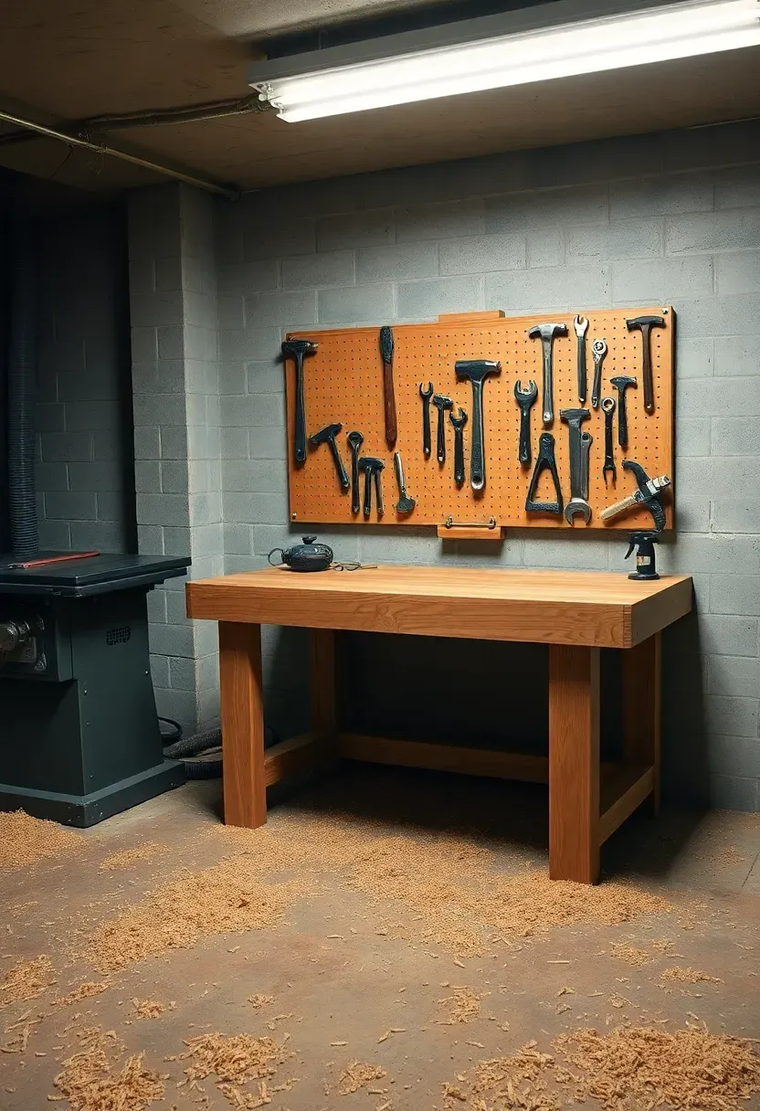 Basement workshop with a sturdy workbench, wall-mounted tool pegboard, table saw, dust collection hose, and overhead fluorescent lighting