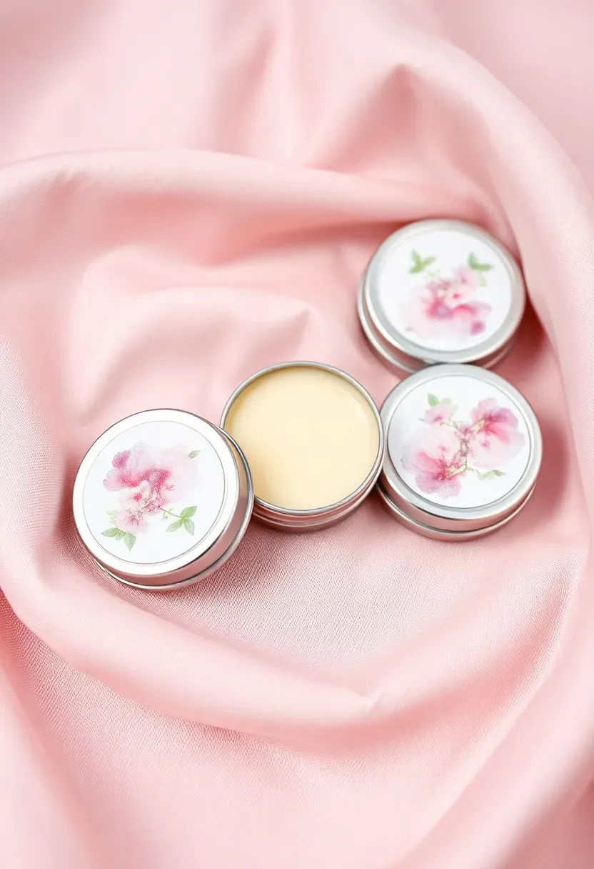 trio of natural lip balms in small tins with watercolor labels on a pale pink fabric background
