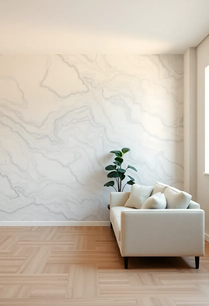 Accent wall with flowing liquid marble pattern in white and deep grey veins creating organic movement in a minimalist living room