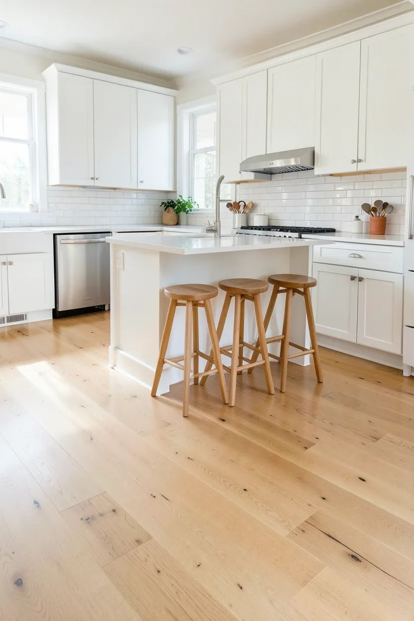 Light oak wood flooring in a white and wood kitchen, warm wide plank floors grounding bright white shaker cabinets in a small apartment